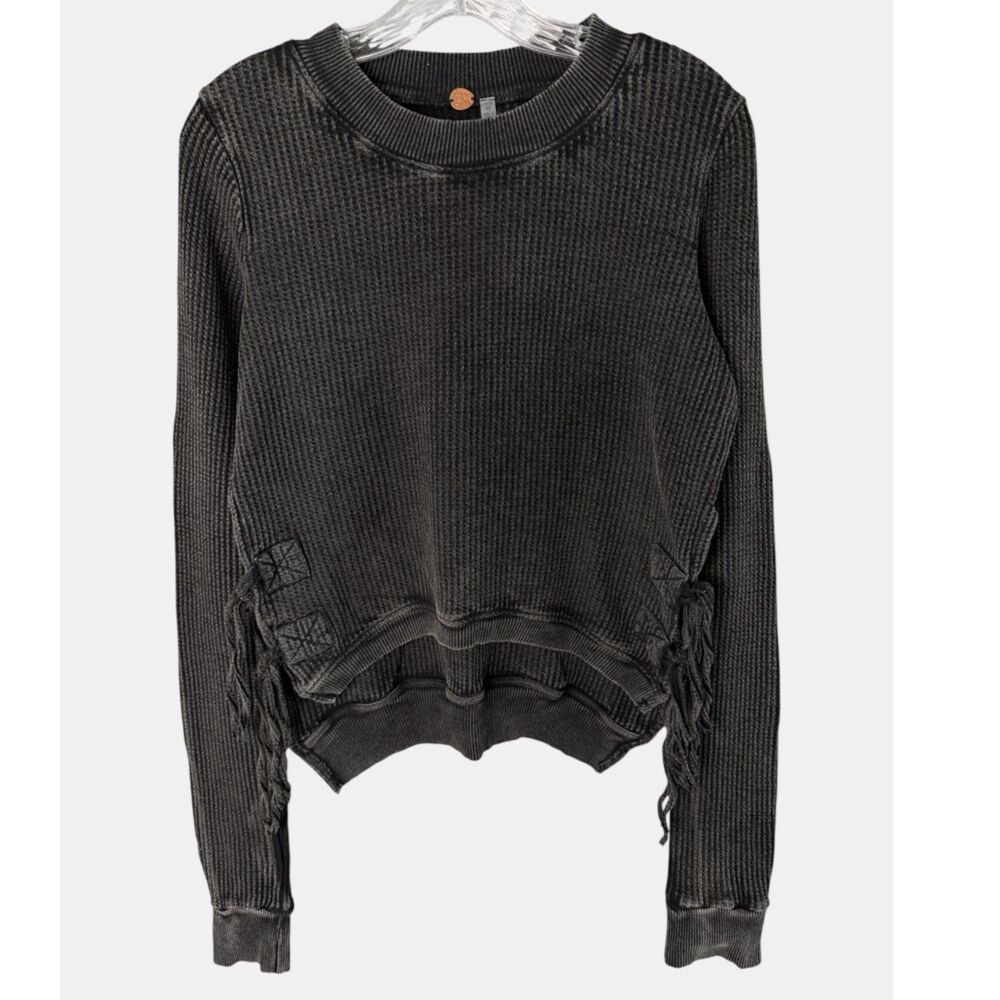 Free People FP One Waffle Knit Lace Up Thermal Distressed Charcoal Gray Top S